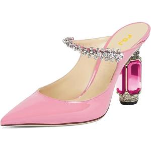 imageFSJ Women Crystal Chunky Heeled Mules Wedding Sandals Rhinestone Strappy Pumps Pointed Toe Fashion Slippers Slip On Bridal Shoes Size 415 USPink