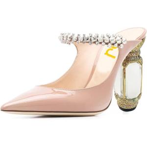 imageFSJ Women Crystal Chunky Heeled Mules Wedding Sandals Rhinestone Strappy Pumps Pointed Toe Fashion Slippers Slip On Bridal Shoes Size 415 USPink Clear
