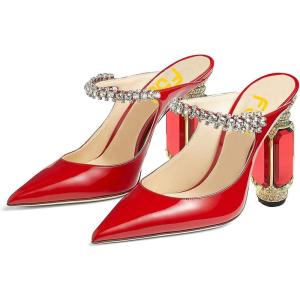 imageFSJ Women Crystal Chunky Heeled Mules Wedding Sandals Rhinestone Strappy Pumps Pointed Toe Fashion Slippers Slip On Bridal Shoes Size 415 USRed