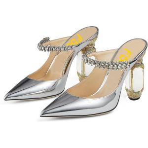 imageFSJ Women Crystal Chunky Heeled Mules Wedding Sandals Rhinestone Strappy Pumps Pointed Toe Fashion Slippers Slip On Bridal Shoes Size 415 USSilver
