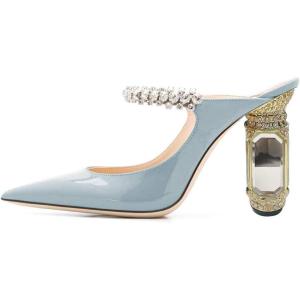 imageFSJ Women Crystal Chunky Heeled Mules Wedding Sandals Rhinestone Strappy Pumps Pointed Toe Fashion Slippers Slip On Bridal Shoes Size 415 USSkyblue