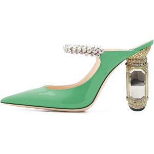 imageFSJ Women Crystal Chunky Heeled Mules Wedding Sandals Rhinestone Strappy Pumps Pointed Toe Fashion Slippers Slip On Bridal Shoes Size 415 USSpring Green