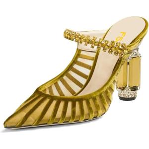 imageFSJ Women Crystal Chunky Heeled Mules Wedding Sandals Rhinestone Strappy Pumps Pointed Toe Fashion Slippers Slip On Bridal Shoes Size 415 USYellow Mesh