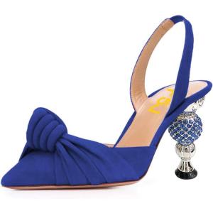 imageFSJ Women Graceful Slip On Slingback Pumps Pointed Closed Toe Strappy Studded High Heels Elastic Ankle Strap Sandals Suede Ladies Dress Shoes Size 415 USBlue