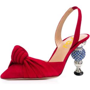 imageFSJ Women Graceful Slip On Slingback Pumps Pointed Closed Toe Strappy Studded High Heels Elastic Ankle Strap Sandals Suede Ladies Dress Shoes Size 415 USRed