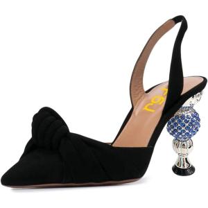imageFSJ Women Graceful Slip On Slingback Pumps Pointed Closed Toe Strappy Studded High Heels Elastic Ankle Strap Sandals Suede Ladies Dress Shoes Size 415 USBlack