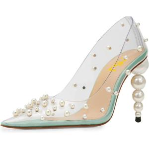 imageFSJ Women Sexy Pearls Transparent Pointed Toe Pumps High Heel with Pearls Slip On Formal Party Dress Wedding Shoes Size 415 USTurquoise