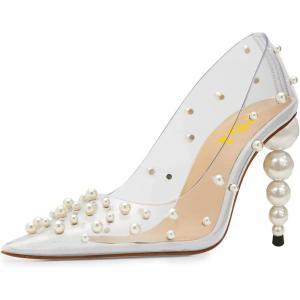 imageFSJ Women Sexy Pearls Transparent Pointed Toe Pumps High Heel with Pearls Slip On Formal Party Dress Wedding Shoes Size 415 USWhite