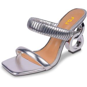imageFSJ Women Square Open Toe Two Strap Heeled Sandal Chain Detail High Heel Slip On Mules Backless Slides Ladies Date Shoes Size 416 USGrey