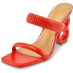 imageFSJ Women Square Open Toe Two Strap Heeled Sandal Chain Detail High Heel Slip On Mules Backless Slides Ladies Date Shoes Size 416 USOrange