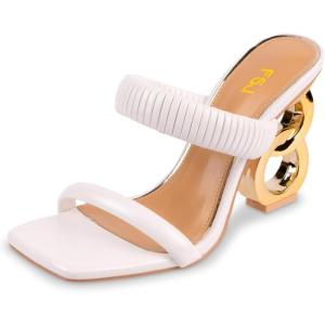 imageFSJ Women Square Open Toe Two Strap Heeled Sandal Chain Detail High Heel Slip On Mules Backless Slides Ladies Date Shoes Size 416 USWhite