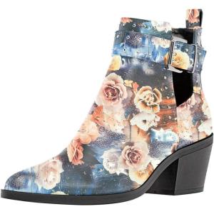 imageFSJ Women Almond Pointed Toe Ankle Boots Chelsea Cut Out Block Chunky Heels Booties with Buckle Ankle Strap Comfort Shoes Size 415 USFlower