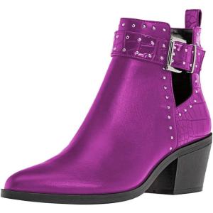 imageFSJ Women Almond Pointed Toe Ankle Boots Chelsea Cut Out Block Chunky Heels Booties with Buckle Ankle Strap Comfort Shoes Size 415 USFuchsia