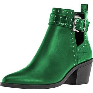 imageFSJ Women Almond Pointed Toe Ankle Boots Chelsea Cut Out Block Chunky Heels Booties with Buckle Ankle Strap Comfort Shoes Size 415 USGreen