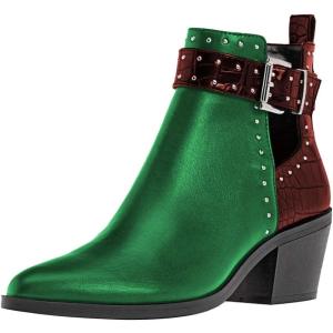 imageFSJ Women Almond Pointed Toe Ankle Boots Chelsea Cut Out Block Chunky Heels Booties with Buckle Ankle Strap Comfort Shoes Size 415 USGreenbrown