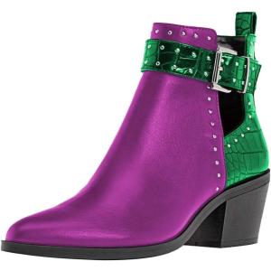 imageFSJ Women Almond Pointed Toe Ankle Boots Chelsea Cut Out Block Chunky Heels Booties with Buckle Ankle Strap Comfort Shoes Size 415 USPurplegreen