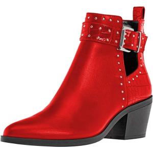 imageFSJ Women Almond Pointed Toe Ankle Boots Chelsea Cut Out Block Chunky Heels Booties with Buckle Ankle Strap Comfort Shoes Size 415 USRed