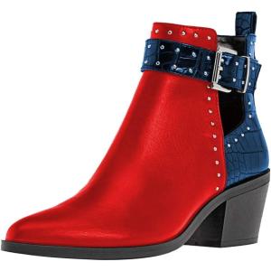 imageFSJ Women Almond Pointed Toe Ankle Boots Chelsea Cut Out Block Chunky Heels Booties with Buckle Ankle Strap Comfort Shoes Size 415 USRednavy
