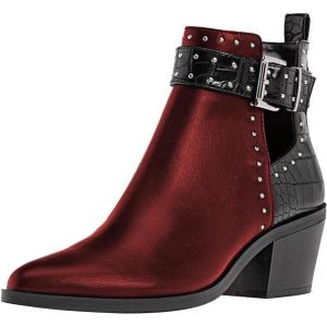 imageFSJ Women Almond Pointed Toe Ankle Boots Chelsea Cut Out Block Chunky Heels Booties with Buckle Ankle Strap Comfort Shoes Size 415 USWine Red