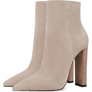 imageFSJ Women Fashion Chunky High Stacked Heels Booties Side Zipper Pointed Toe Ankle Boots Faux Suede Wide Winter Sexy Dress Evening Short Boots Shoes Size 415 USApricot