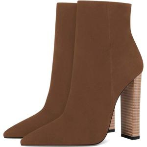 imageFSJ Women Fashion Chunky High Stacked Heels Booties Side Zipper Pointed Toe Ankle Boots Faux Suede Wide Winter Sexy Dress Evening Short Boots Shoes Size 415 USBrown
