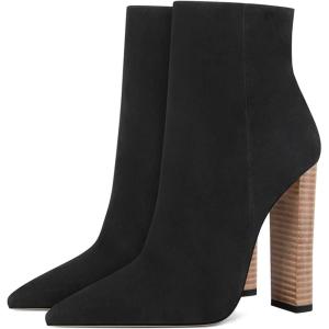 imageFSJ Women Fashion Chunky High Stacked Heels Booties Side Zipper Pointed Toe Ankle Boots Faux Suede Wide Winter Sexy Dress Evening Short Boots Shoes Size 415 USBlack
