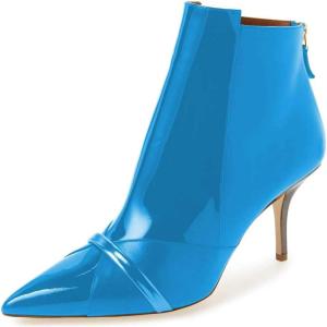 imageFSJ Women Glossy Mid Heel Ankle Boots Pointed Toe Bootie Chelsea Zipper Fall Fashion Winter Shoe Size 415 USBlue