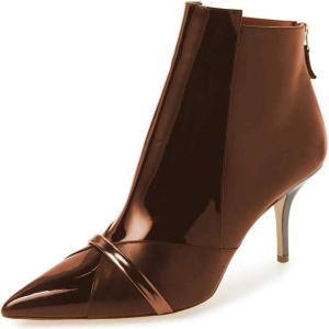 imageFSJ Women Glossy Mid Heel Ankle Boots Pointed Toe Bootie Chelsea Zipper Fall Fashion Winter Shoe Size 415 USBrown