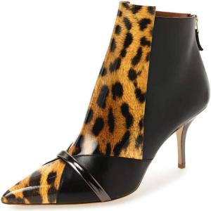 imageFSJ Women Glossy Mid Heel Ankle Boots Pointed Toe Bootie Chelsea Zipper Fall Fashion Winter Shoe Size 415 USLeopard
