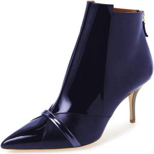 imageFSJ Women Glossy Mid Heel Ankle Boots Pointed Toe Bootie Chelsea Zipper Fall Fashion Winter Shoe Size 415 USNavy