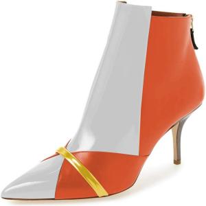 imageFSJ Women Glossy Mid Heel Ankle Boots Pointed Toe Bootie Chelsea Zipper Fall Fashion Winter Shoe Size 415 USOrange White