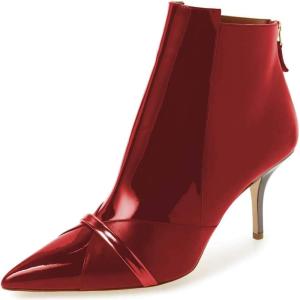 imageFSJ Women Glossy Mid Heel Ankle Boots Pointed Toe Bootie Chelsea Zipper Fall Fashion Winter Shoe Size 415 USRed