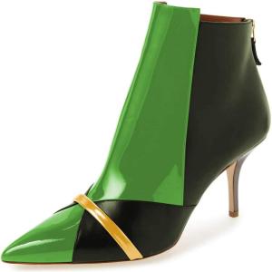 imageFSJ Women Glossy Mid Heel Ankle Boots Pointed Toe Bootie Chelsea Zipper Fall Fashion Winter Shoe Size 415 USYellow Green