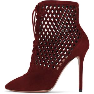 imageFSJ Women Gorgeous Cutout Ankle Boots High Heels Stiletto Lace up Bootie Round Toe Evening Party Shoes Size 415 USWine Red