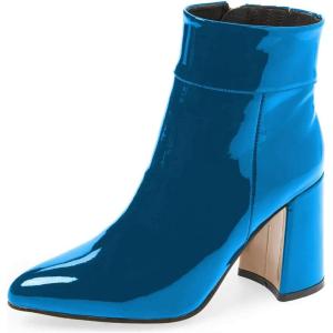 imageFSJ Women Pointed Toe Block High Heel Ankle Boots Glossy Patent Leather Party Dress Booties Size 415 USBlue