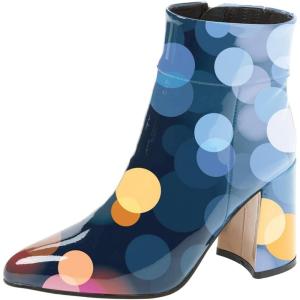 imageFSJ Women Pointed Toe Block High Heel Ankle Boots Glossy Patent Leather Party Dress Booties Size 415 USBlue Bubble