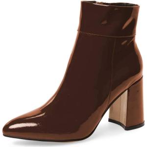 imageFSJ Women Pointed Toe Block High Heel Ankle Boots Glossy Patent Leather Party Dress Booties Size 415 USBrown