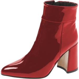imageFSJ Women Pointed Toe Block High Heel Ankle Boots Glossy Patent Leather Party Dress Booties Size 415 USCrimson
