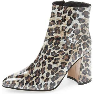 imageFSJ Women Pointed Toe Block High Heel Ankle Boots Glossy Patent Leather Party Dress Booties Size 415 USGrey Leopard