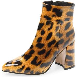 imageFSJ Women Pointed Toe Block High Heel Ankle Boots Glossy Patent Leather Party Dress Booties Size 415 USLeopard