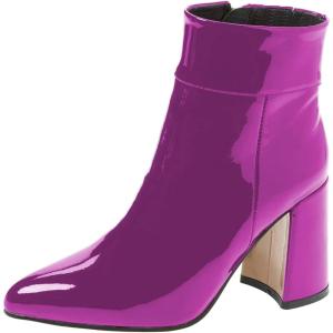 imageFSJ Women Pointed Toe Block High Heel Ankle Boots Glossy Patent Leather Party Dress Booties Size 415 USMagenta