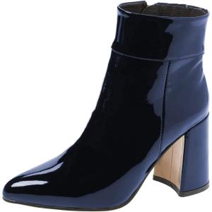 imageFSJ Women Pointed Toe Block High Heel Ankle Boots Glossy Patent Leather Party Dress Booties Size 415 USNavy Blue