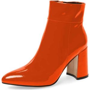 imageFSJ Women Pointed Toe Block High Heel Ankle Boots Glossy Patent Leather Party Dress Booties Size 415 USOrange