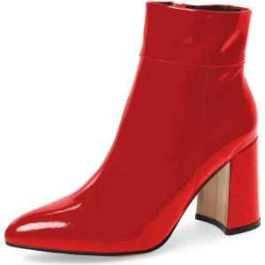imageFSJ Women Pointed Toe Block High Heel Ankle Boots Glossy Patent Leather Party Dress Booties Size 415 USRed