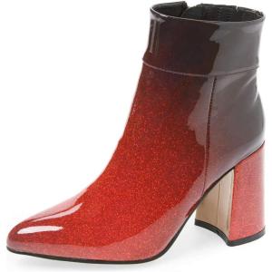 imageFSJ Women Pointed Toe Block High Heel Ankle Boots Glossy Patent Leather Party Dress Booties Size 415 USRed Black