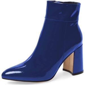 imageFSJ Women Pointed Toe Block High Heel Ankle Boots Glossy Patent Leather Party Dress Booties Size 415 USRoyal Blue