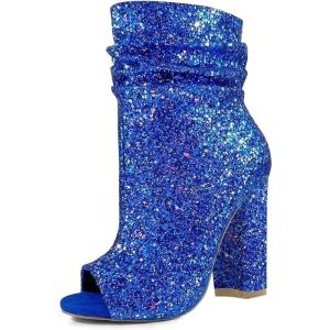 imageFSJ Women Stylish Peep Toe Slouch Ankle Boots Chunky Stacked Heels Party Prom Nightclub Evening Dress Shoes Size 415 USBlue Glitter