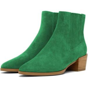 imageFSJ Women Chunky Block Mid Heel Ankle Boots Pointed Toe Faux Suede Comfortable Slip On Elastic Fashion Chelsea Western Booties Size 415 USGreen
