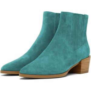 imageFSJ Women Chunky Block Mid Heel Ankle Boots Pointed Toe Faux Suede Comfortable Slip On Elastic Fashion Chelsea Western Booties Size 415 USTurquoise