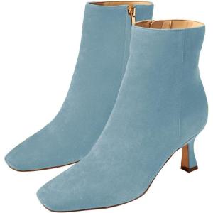 imageFSJ Women Comfy Zipper Medium Spool Heels Square Toe Classic Pull On Office Boots Size 415 M USSky Blue